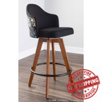 Lumisource B26-AHOY FLORAL WLBK Ahoy Mid-Century Counter Stool in Walnut and Black Fabric with Floral Design
